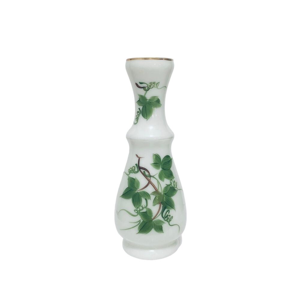 Vintage White Milk Glass Ivy Hand Painted Golden Trim Vase